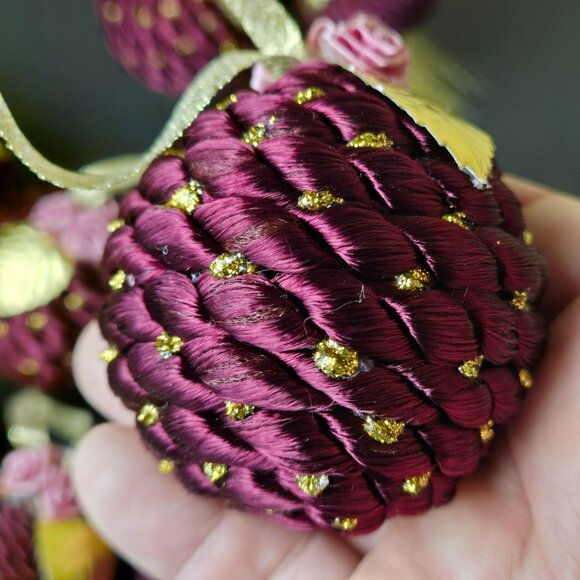 Set Of 11 Burgundy Gold Rose Tassel Christmas Ornaments Fabric Wrapped Elegant - Picture 6 of 8